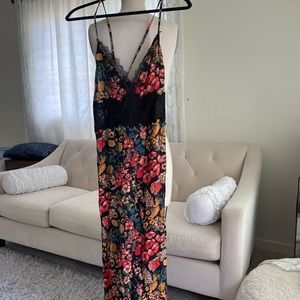ZARA floral cropped wide leg spaghetti strap jumpsuit with black lace trims